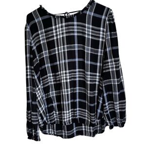Loft Plaid Ruffle Neck Tie Back Black White Long Sleeve Blouse Top XXL